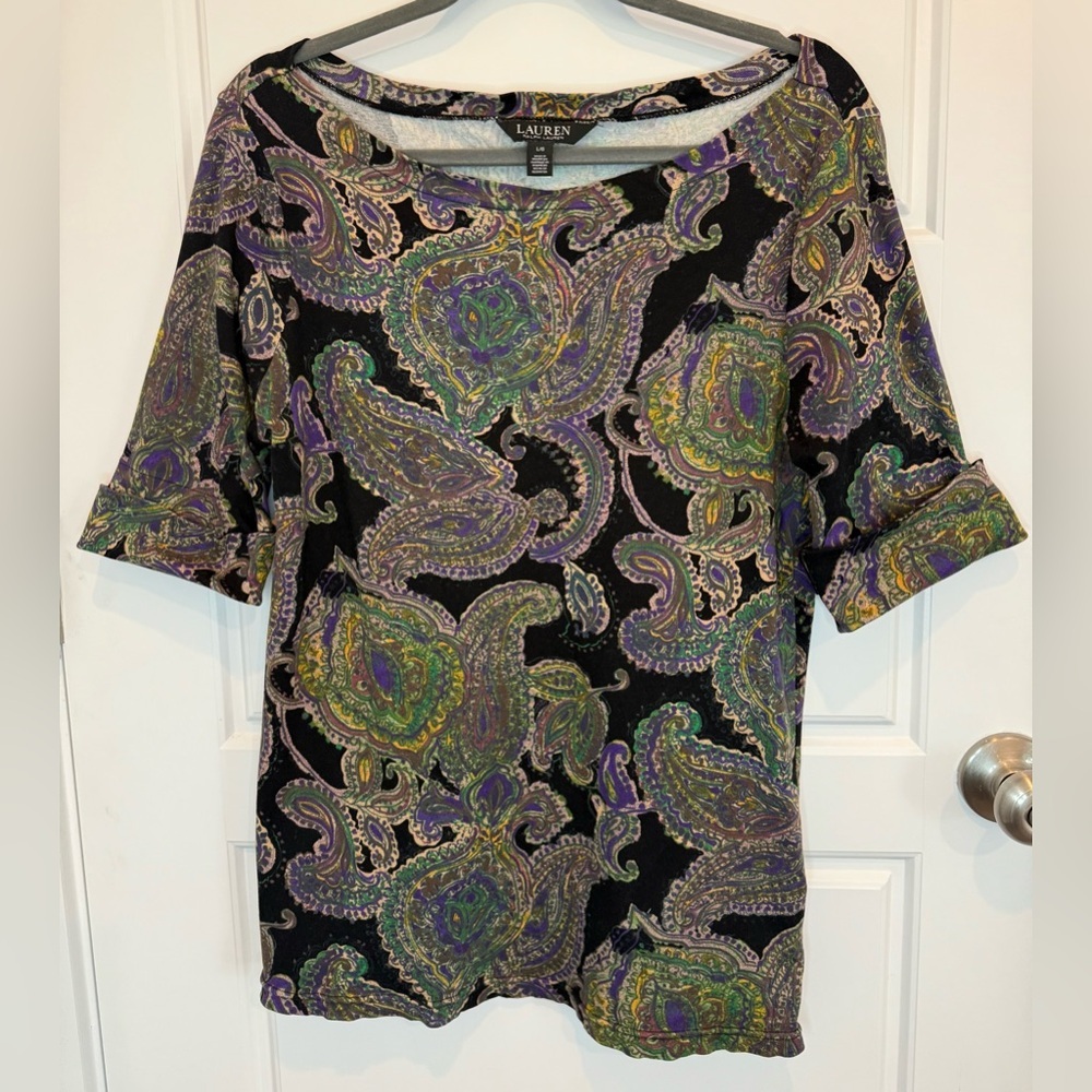 Ralph Lauren LRL Top Sz LARGE Black Purple Paisley Boat Neck Cotton Knit EUC